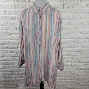Zac Rachel Womens Top 2X Plus Button Up Roll Tab Sleeve Stripe Pink Blue STR125E